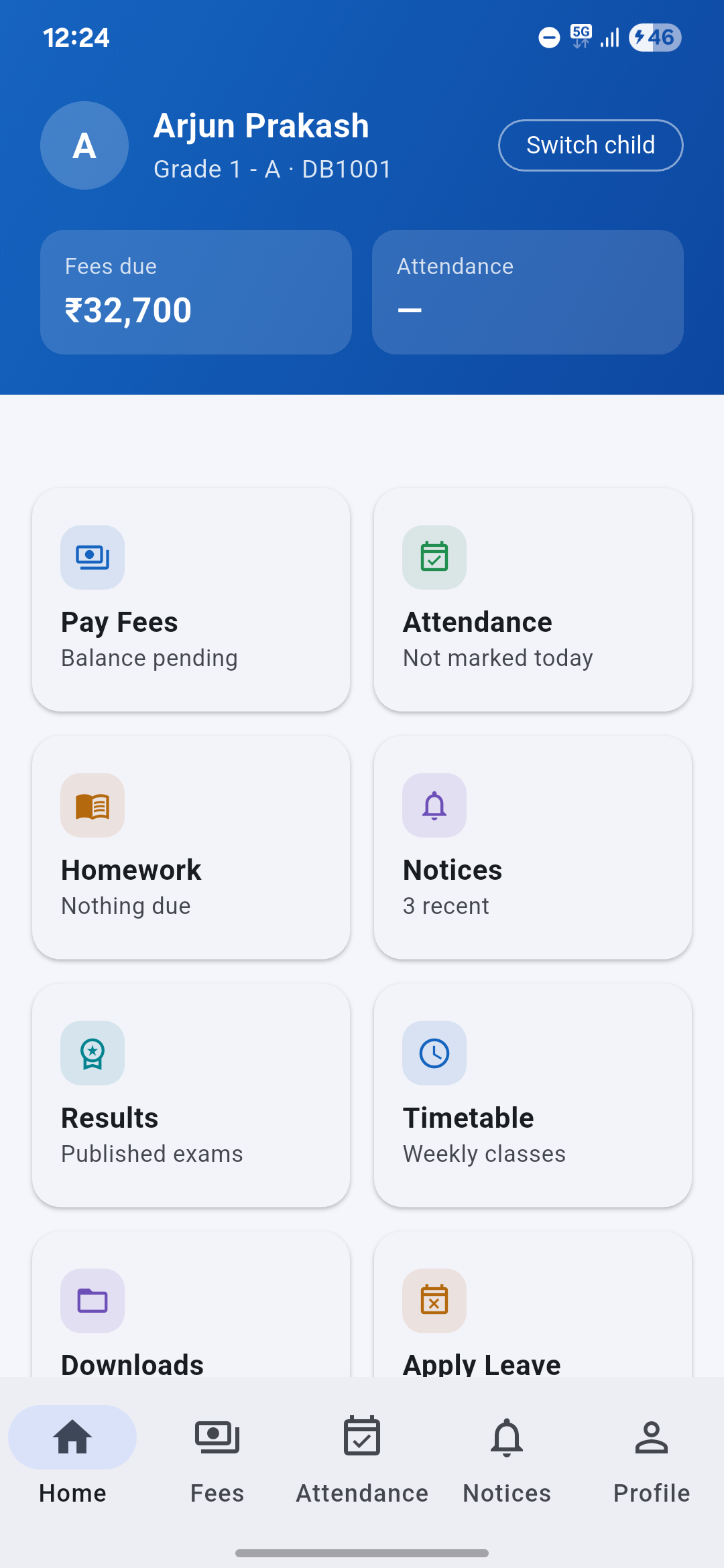 NuravEd Parent App — fee payment, attendance, homework